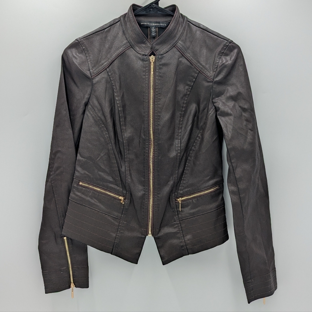White House Black Market Faux Leather Moto Jacket Brown 0 Zip Up Edgy Minimalist